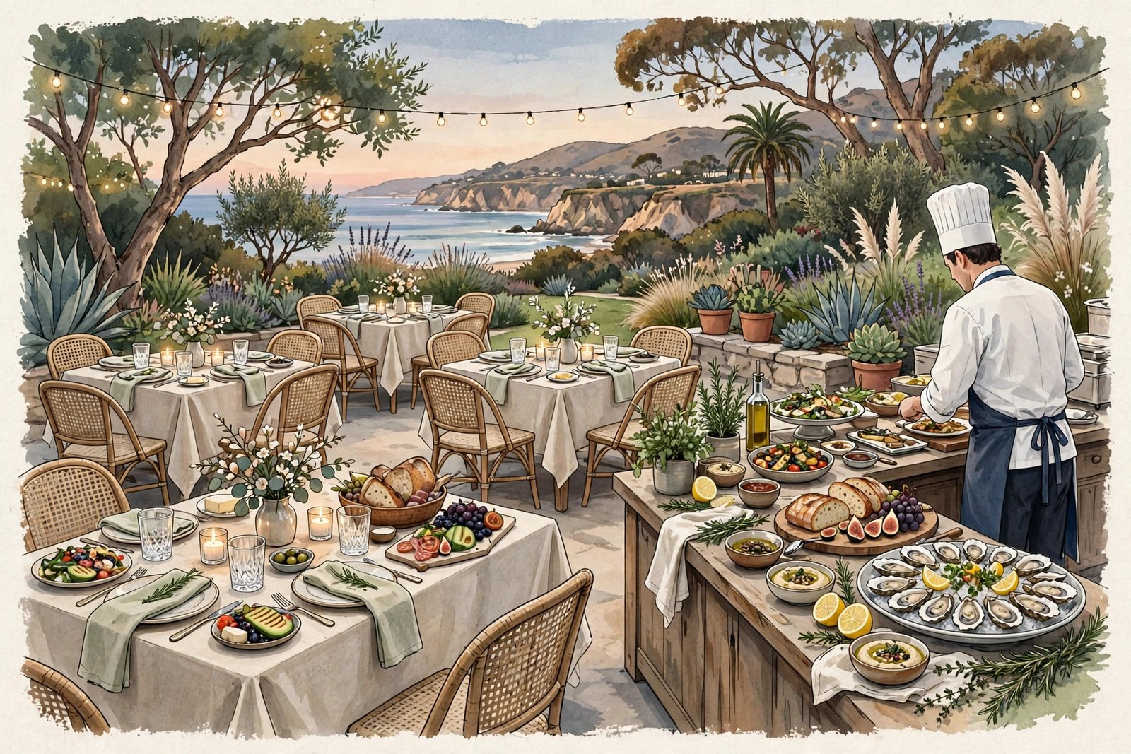 Generic illustration of a private chef catering a small elegant outdoor garden party in California