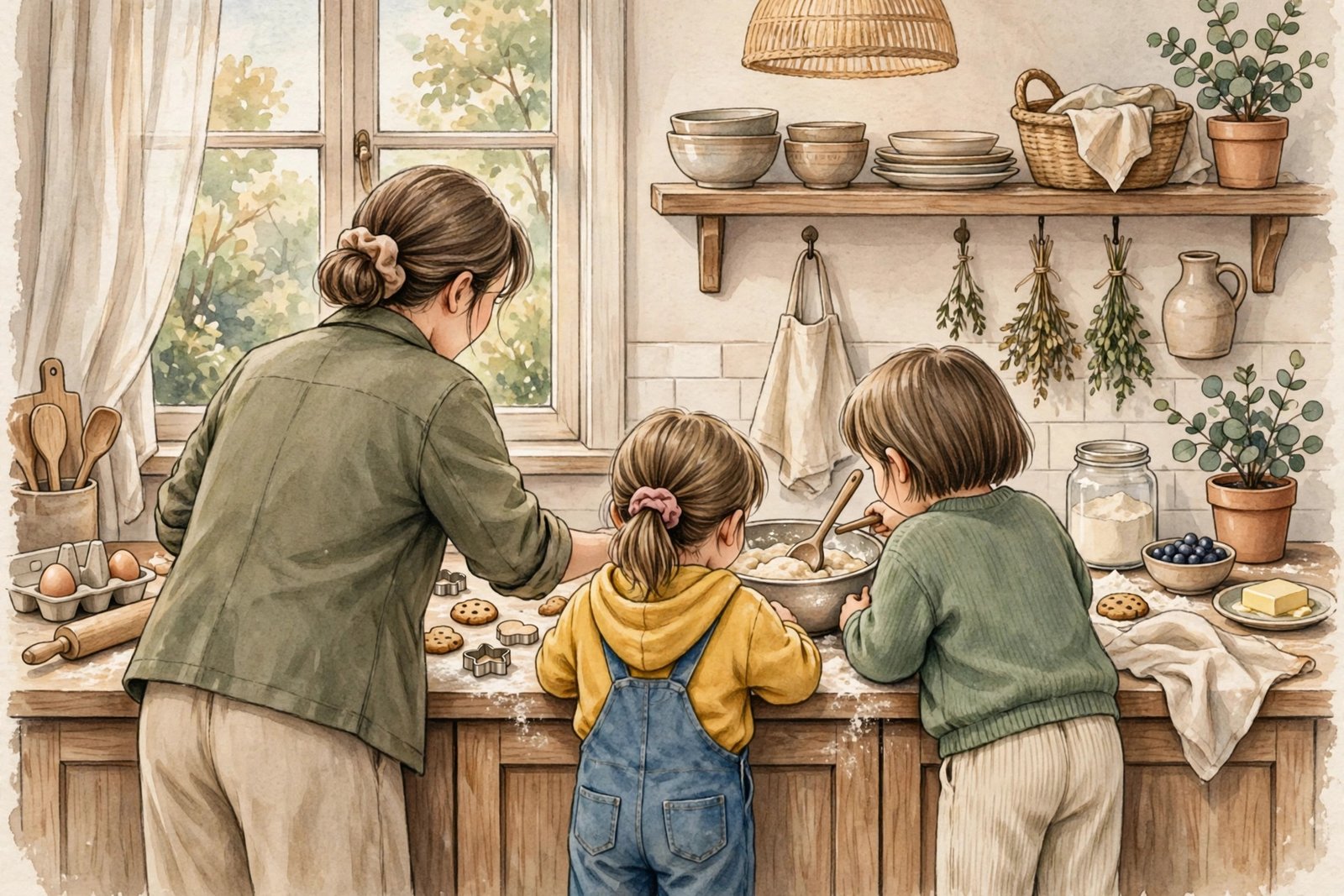 Generic illustration of a parent and two young children baking together in a warm home kitchen