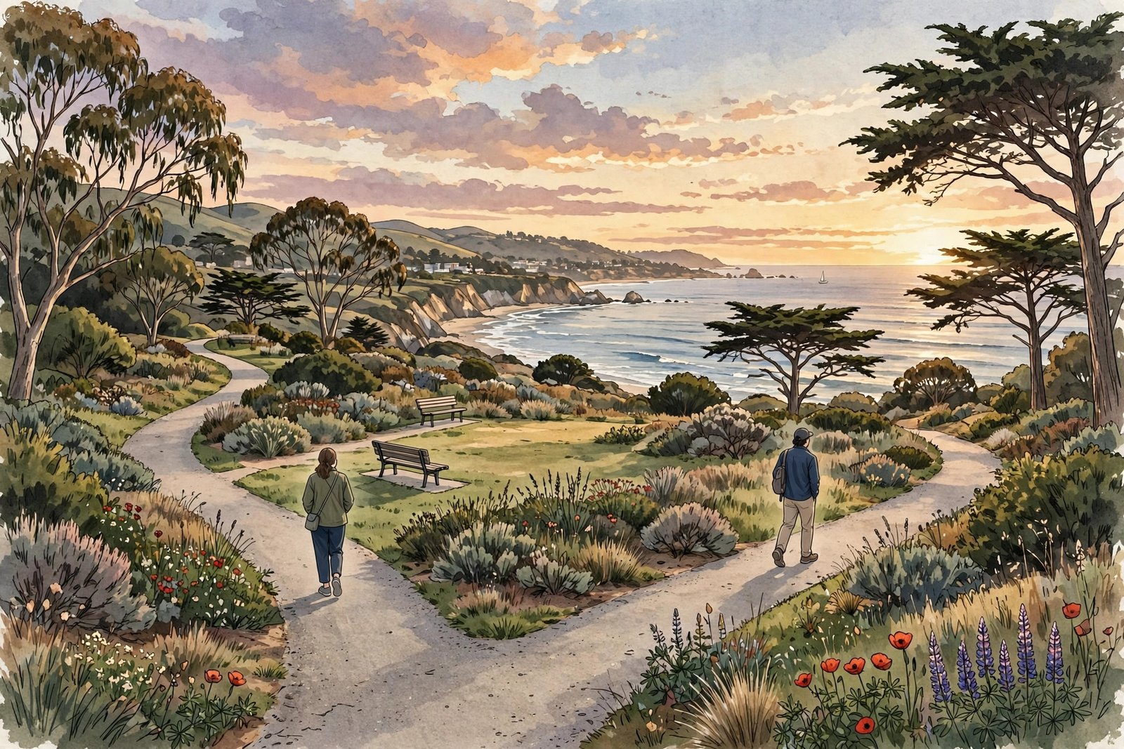 Generic illustration of a calm coastal California evening with two adults walking on separate paths in a park