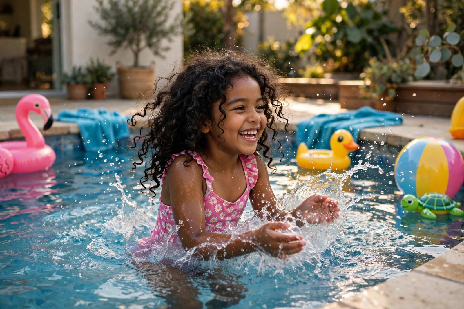 Illustration of a cheerful young girl splashing in a sunny home swimming pool with colorful pool toys
