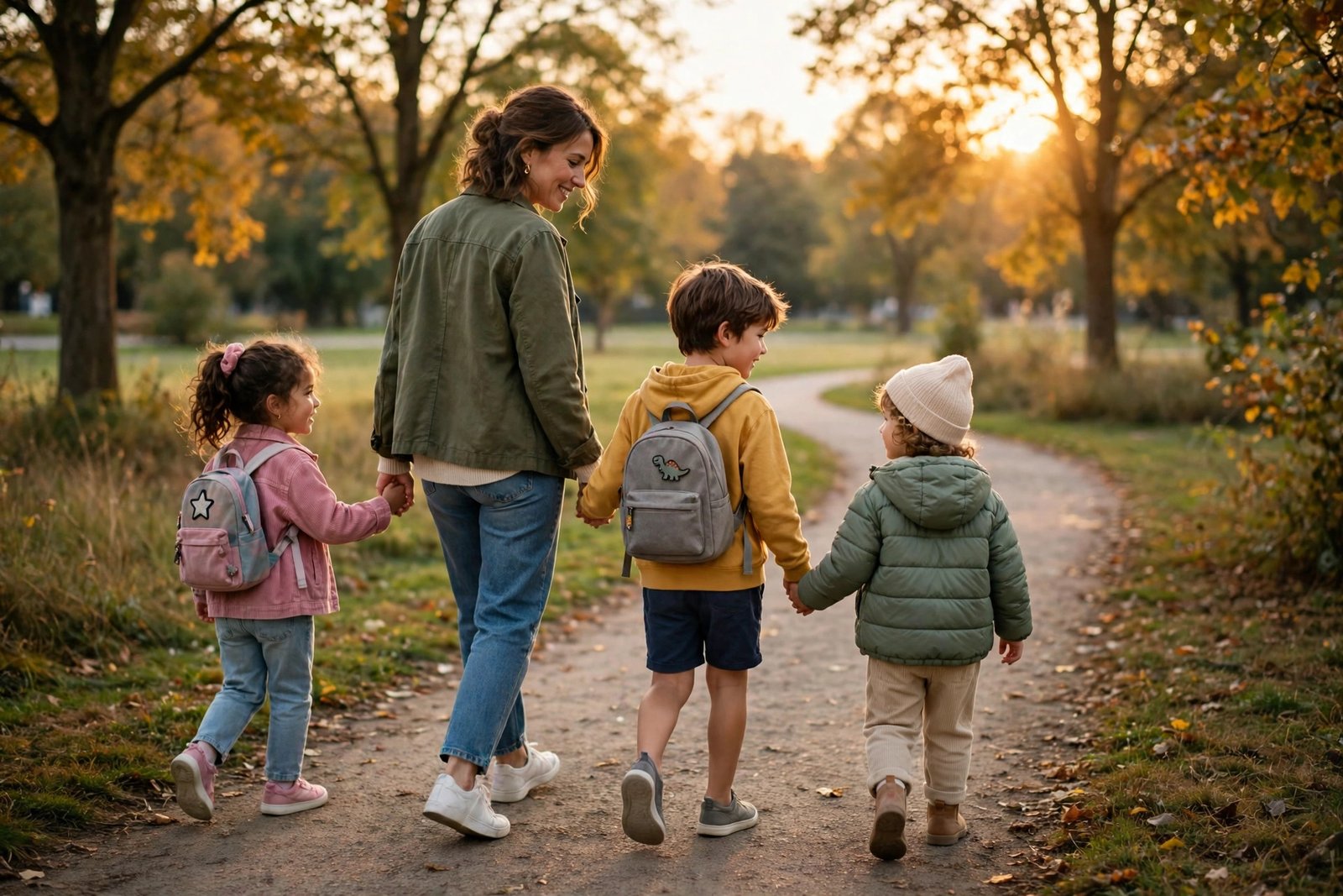 Illustration of a mother walking hand in hand with three young children at sunset in a park