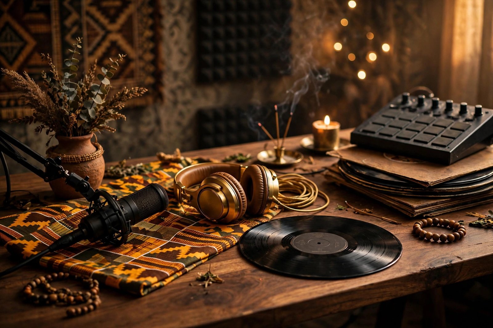 Illustration of a hip-hop music studio desk with a microphone, gold headphones and a vinyl record