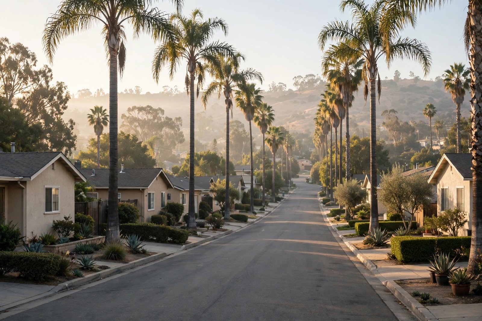 A quiet California residential street with palm trees in soft morning light, illustrating a private life away from Hollywood