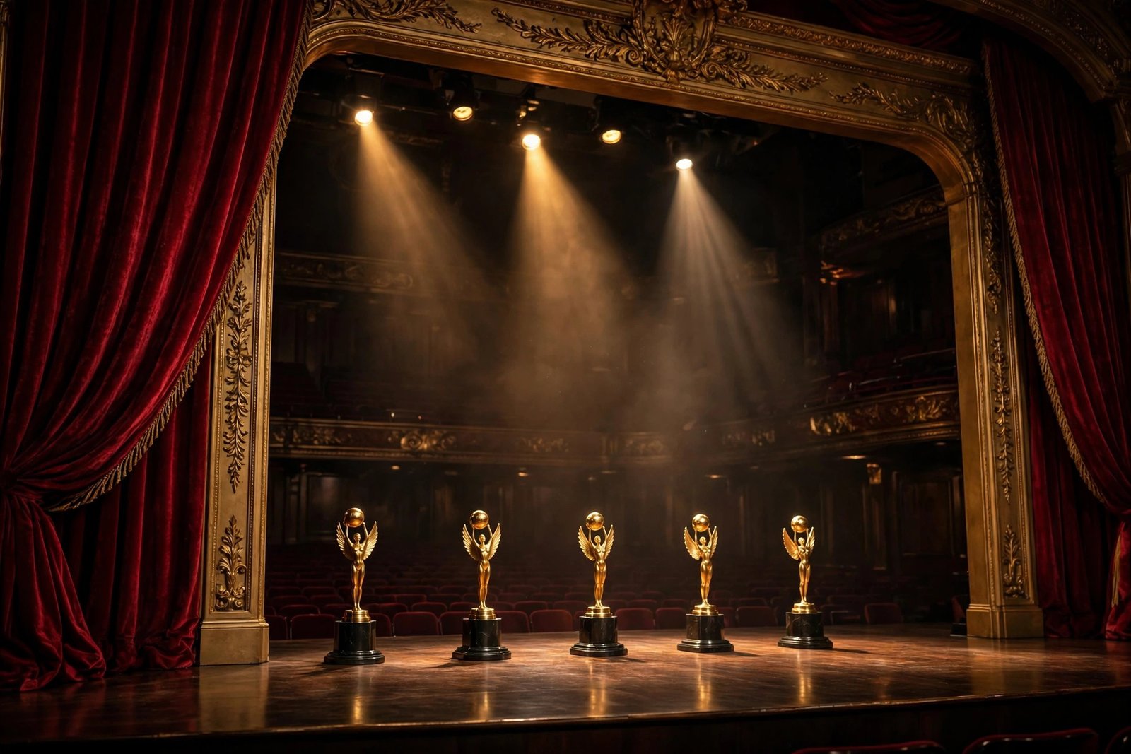 An elegant television awards stage with golden statuettes and warm spotlights, representing Anna Gunn's Emmy winning television career