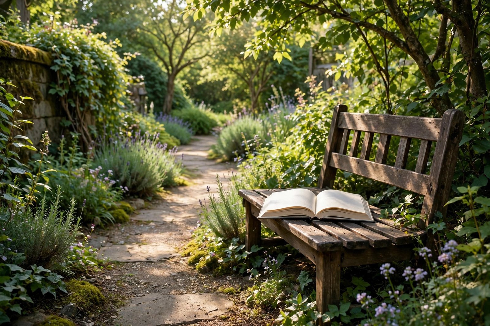 A serene garden path with an open book on a bench in soft sunlight, symbolising a quiet private life