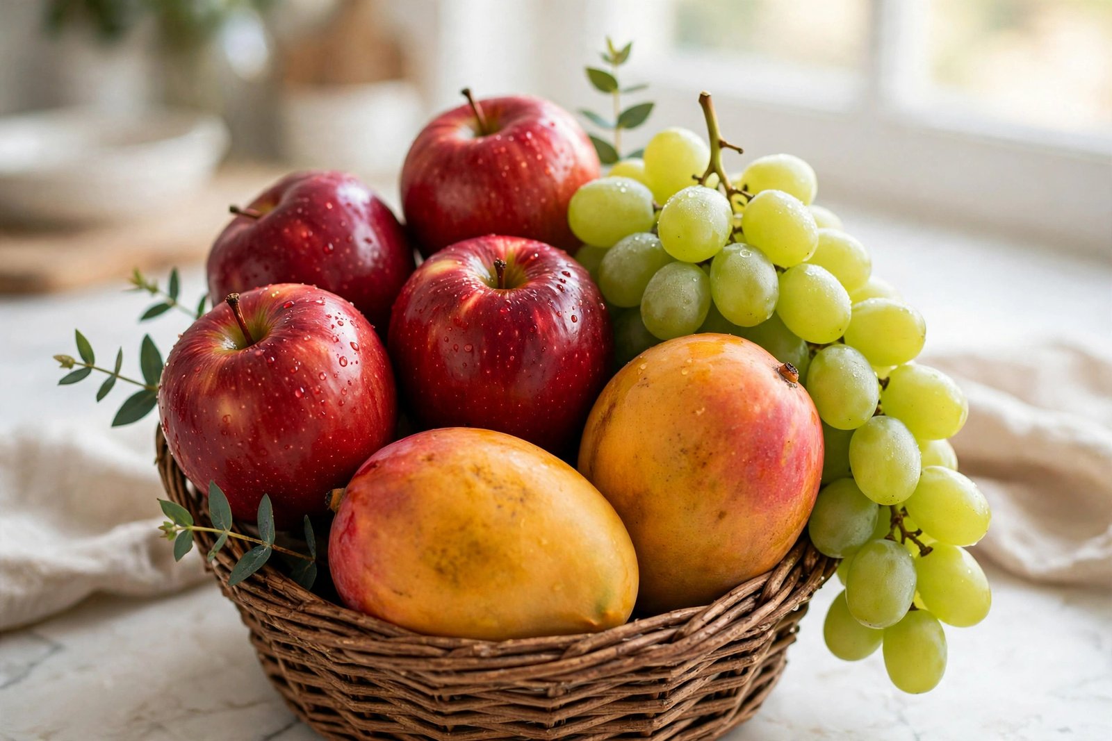Small rustic fruit basket with red apples, green grapes and ripe mangoes on a kitchen counter