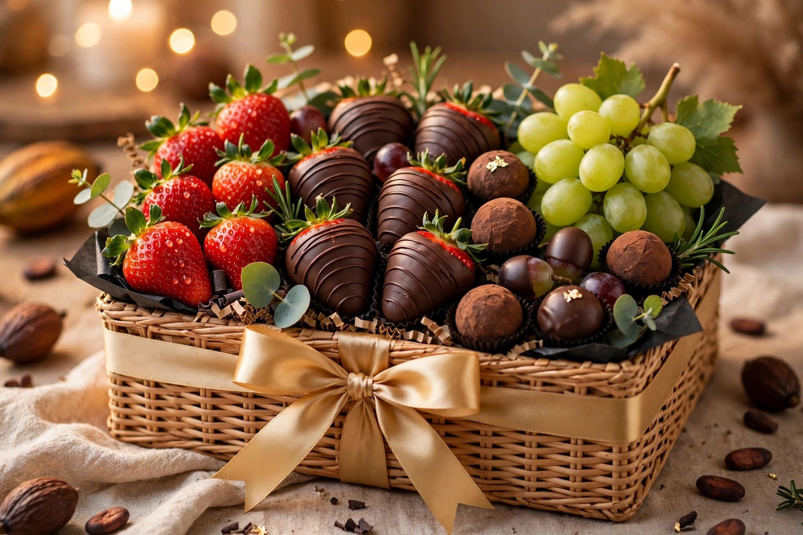 Elegant fruit and chocolate gift hamper with strawberries, chocolate truffles and grapes in a ribboned box