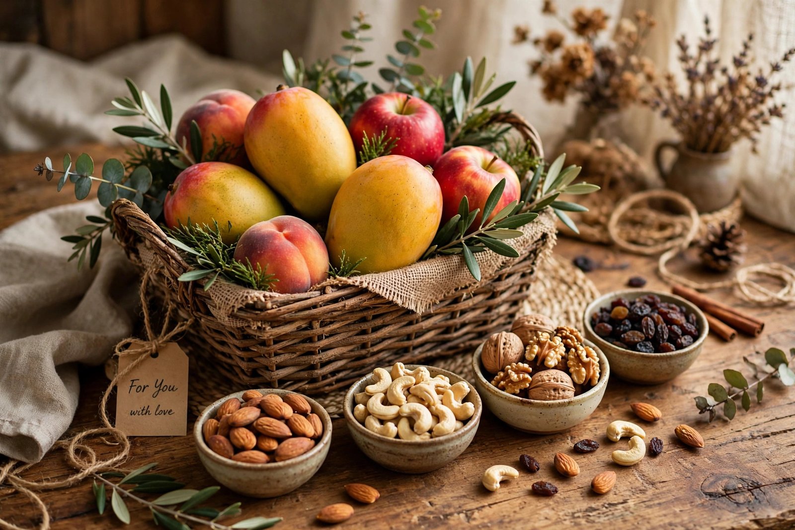 Rustic gift basket with mangoes, apples and peaches beside bowls of almonds, cashews, walnuts and raisins