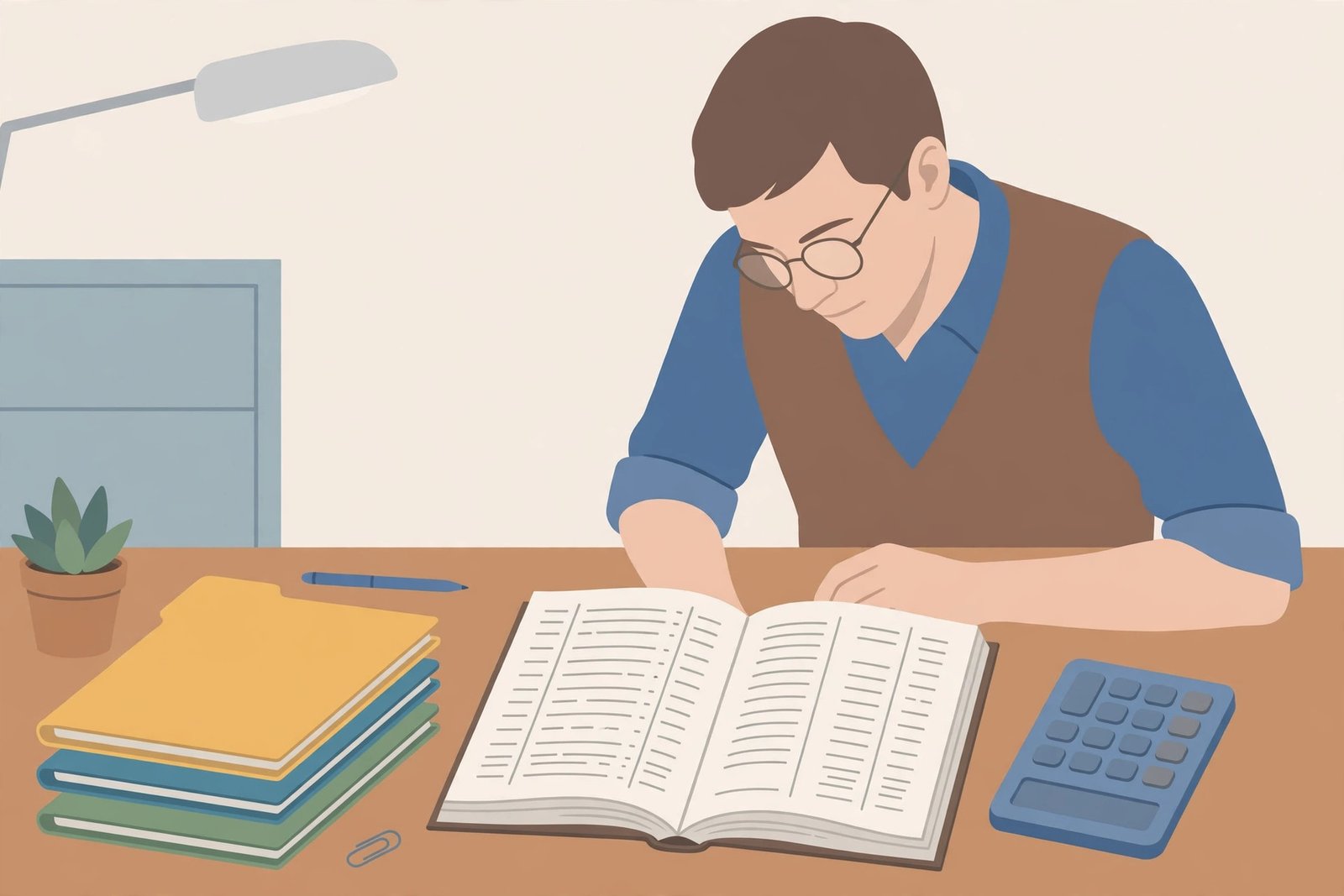 Accountant reviewing a ledger with a calculator and neatly stacked folders on a desk