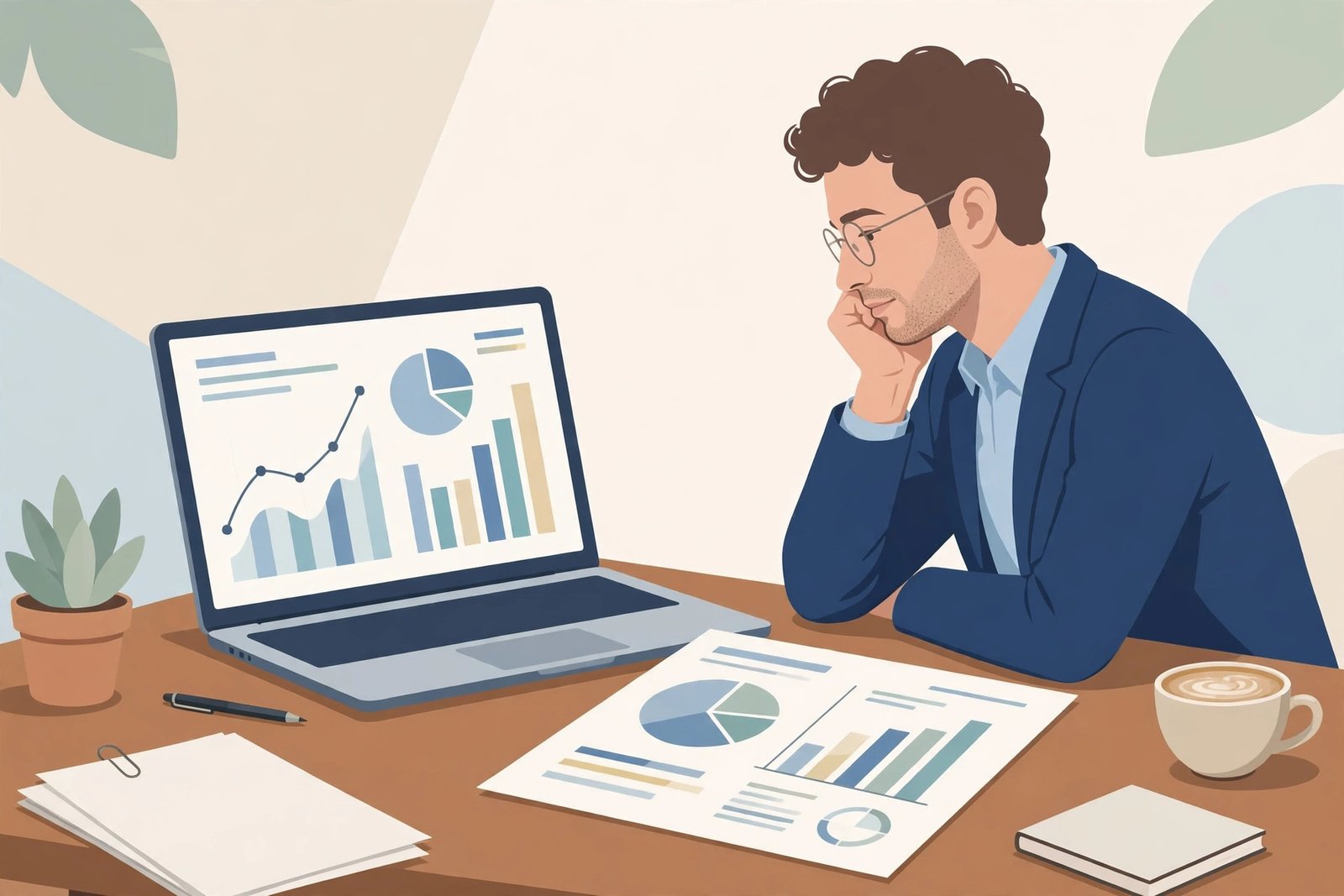 Business owner looking at a clear financial dashboard chart and balance sheet summary on a desk