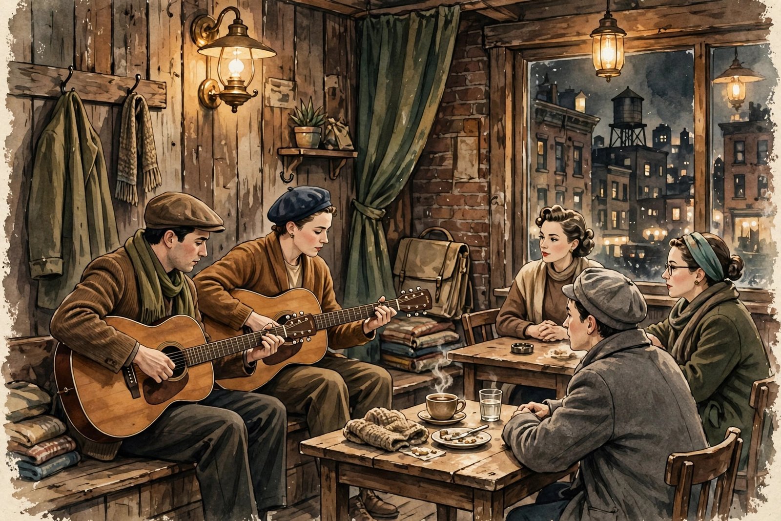 Illustration of a 1950s folk music scene in New York City, reflecting the early performing years around Jeremy Yaffe and Alan Arkin