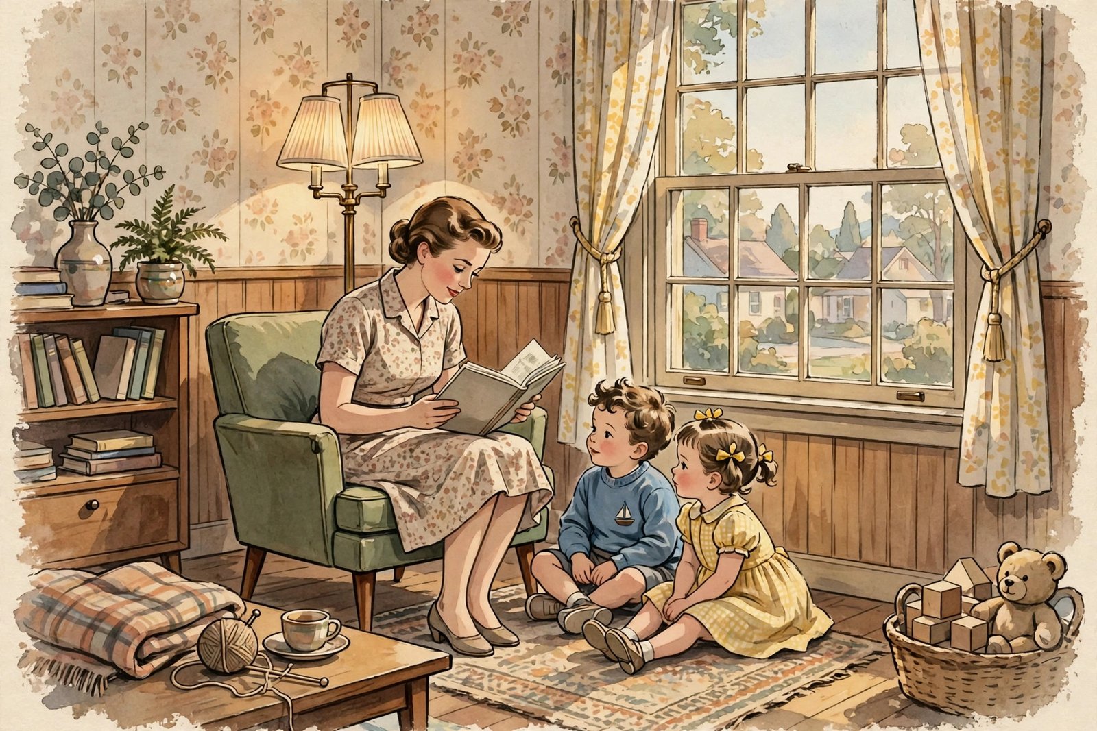 Illustration of a young family at home in the late 1950s, reflecting Jeremy Yaffe's early years as a mother
