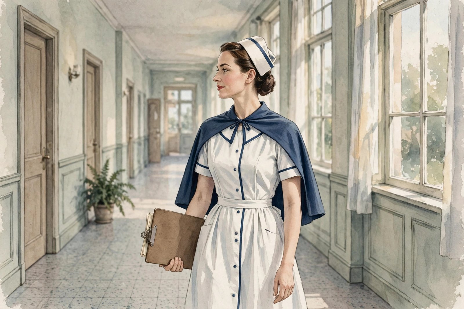 Illustration of a nurse walking through a calm hospital corridor, reflecting Jeremy Yaffe's later career in nursing