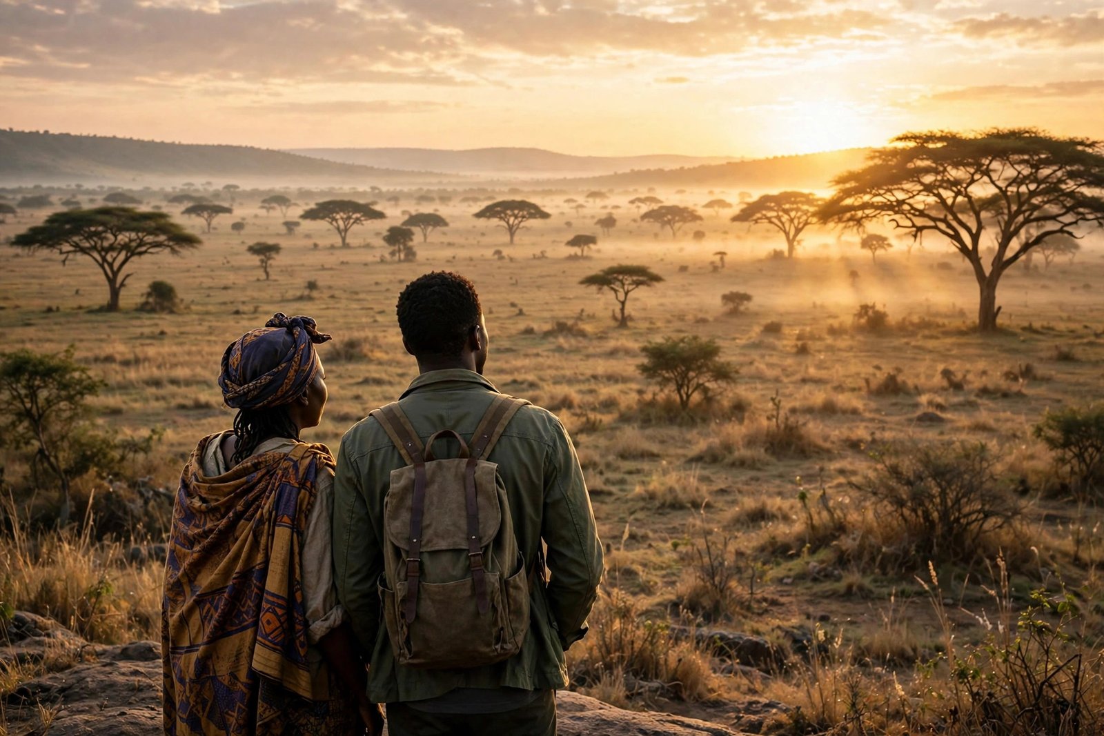 A mother and son looking over an African savanna at sunrise, evoking Katherine Lemon Clark and Don Lemon’s journey to explore their family roots