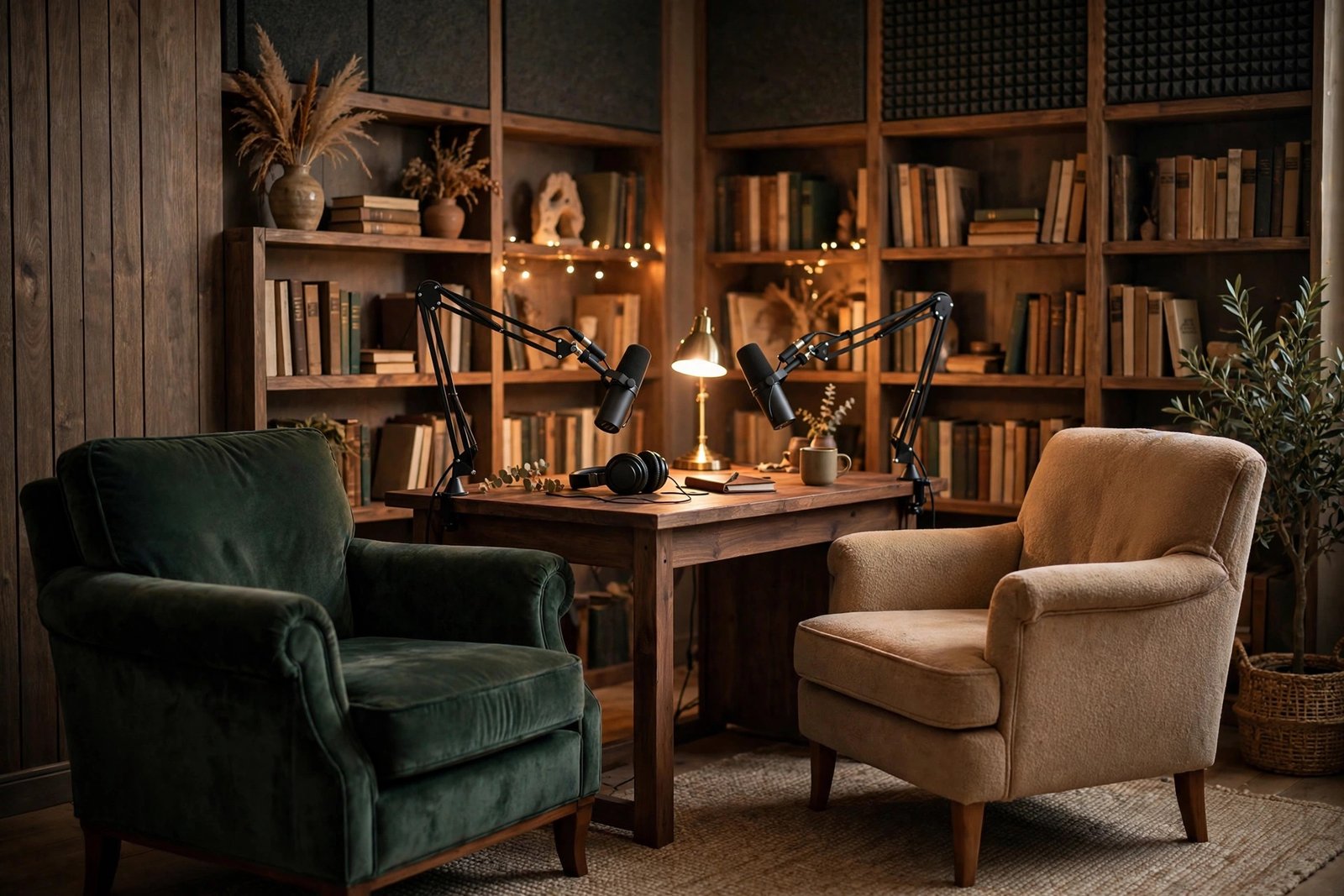A warm podcast recording studio with two microphones, evoking Katherine Lemon Clark’s 2020 appearance on Don Lemon’s podcast Silence Is Not an Option
