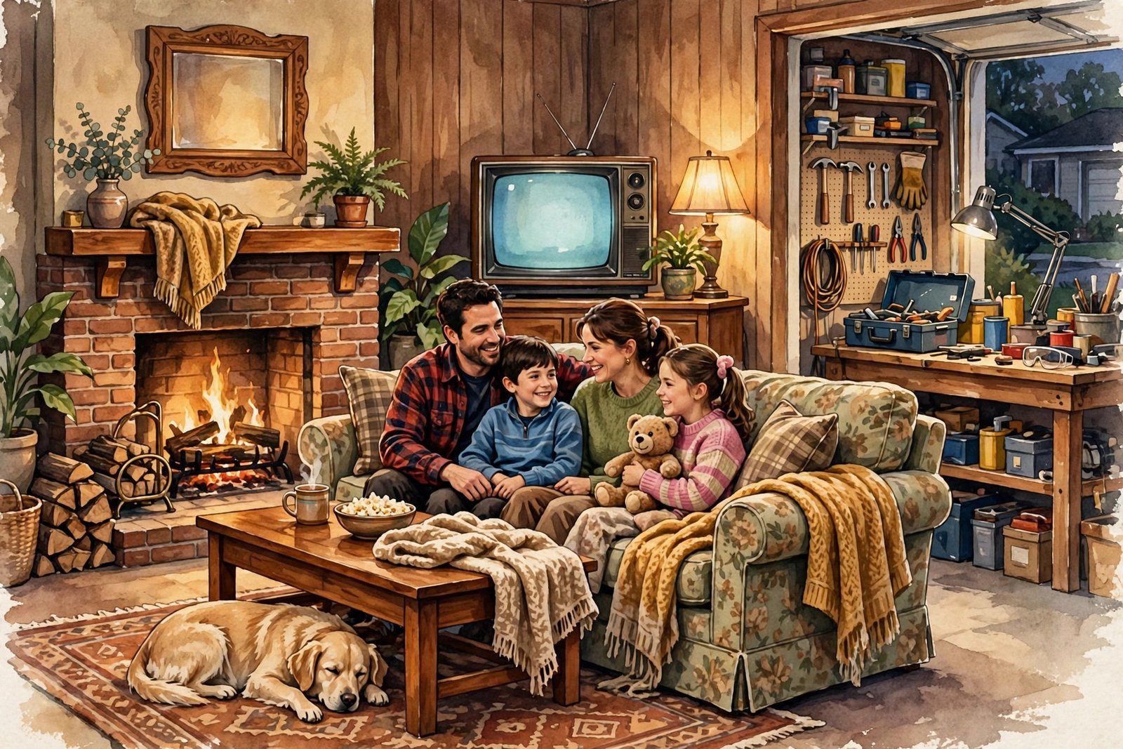 Illustrative 1990s American family sitcom living room, representing the Home Improvement era of Tim Allen's fame during his marriage to Laura Deibel