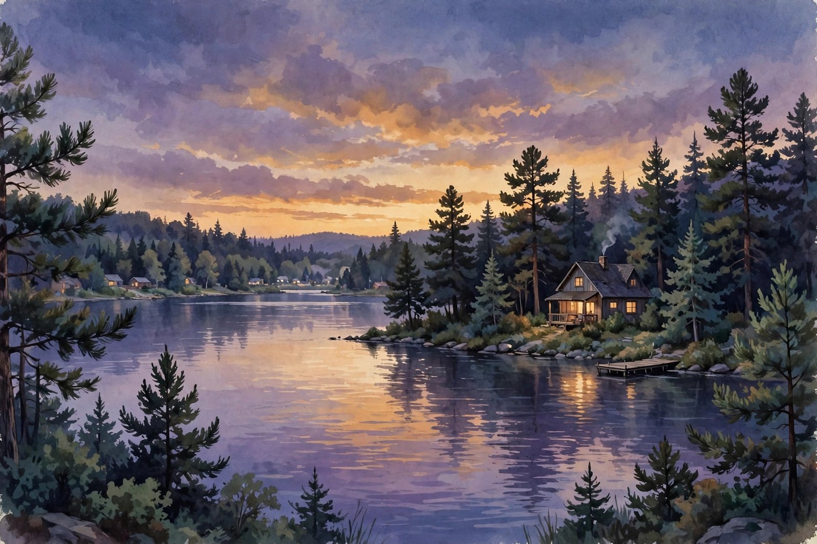 Illustrative quiet Michigan lakeside house at dusk, representing Laura Deibel's private life away from Hollywood after her divorce