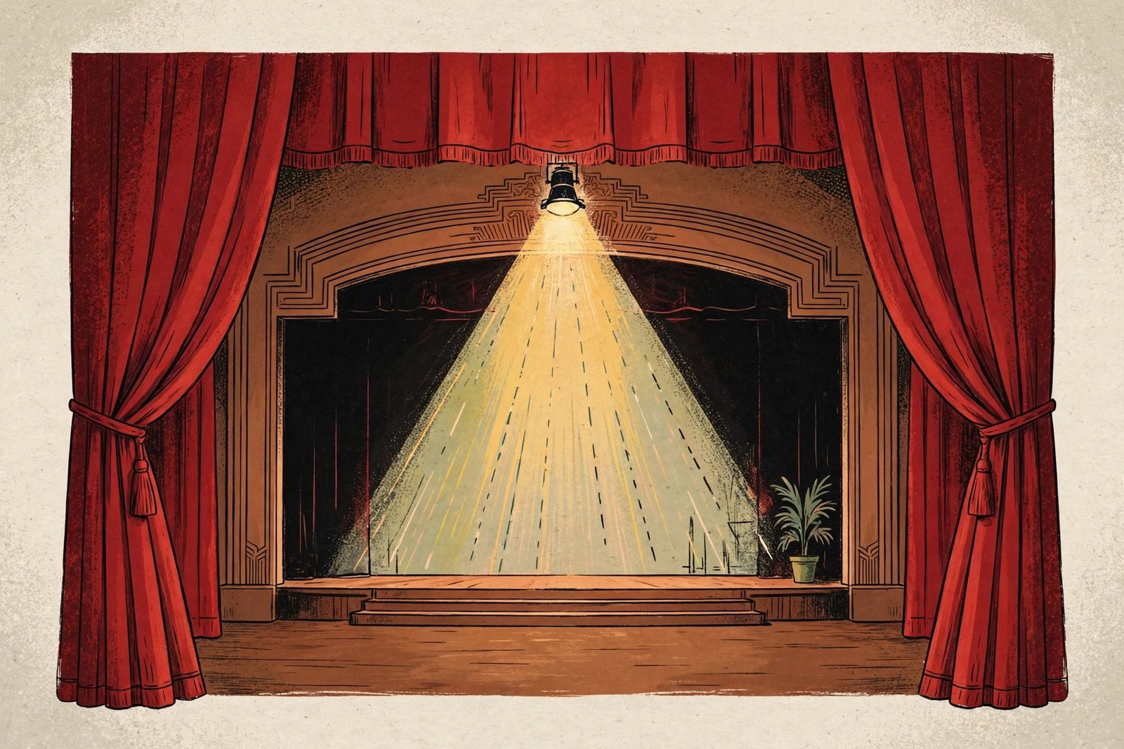 Illustration of a theater stage with red curtains and a spotlight, evoking the tour life Owen Isabelle Landau experienced as a baby