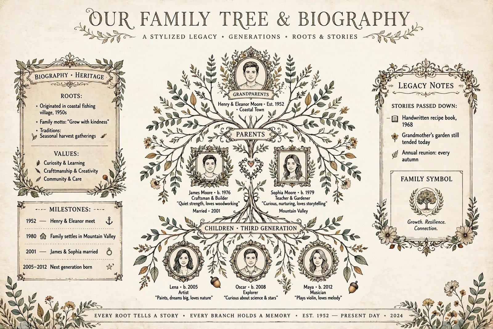 Abstract family tree biography illustration with decorative photo frames representing the Landau and Branch families