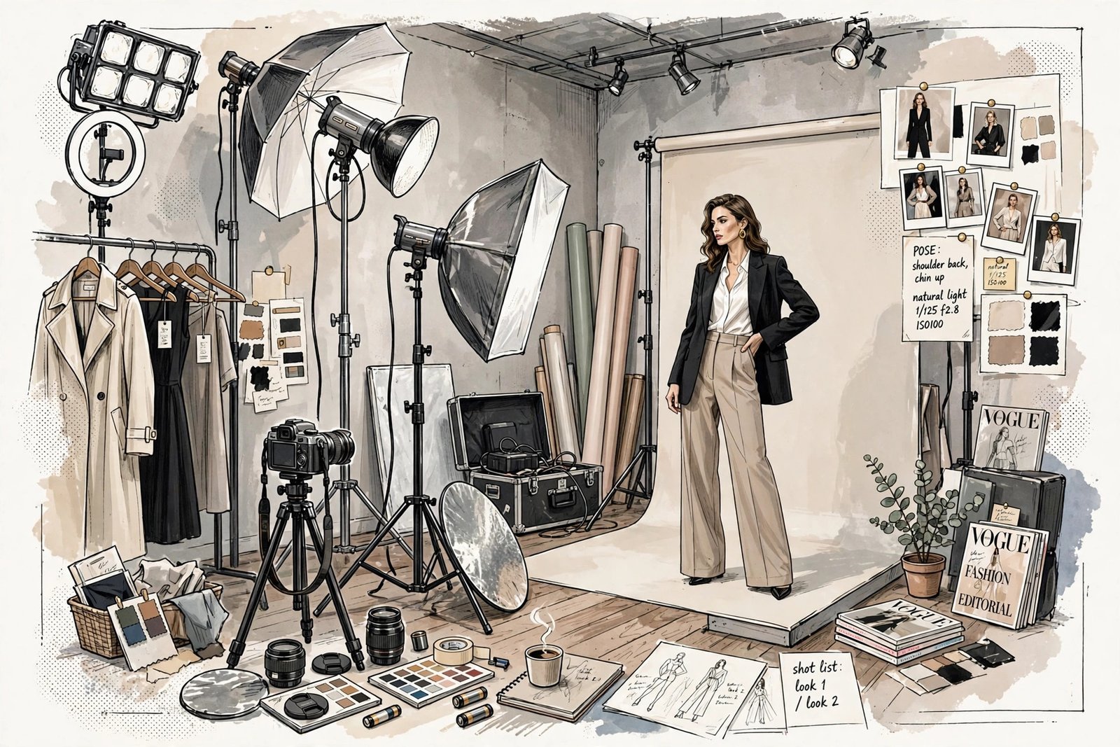 Stylized fashion photoshoot studio illustration with cameras and lighting, a creative setting like the animation and arts world Owen Isabelle Landau reportedly considered