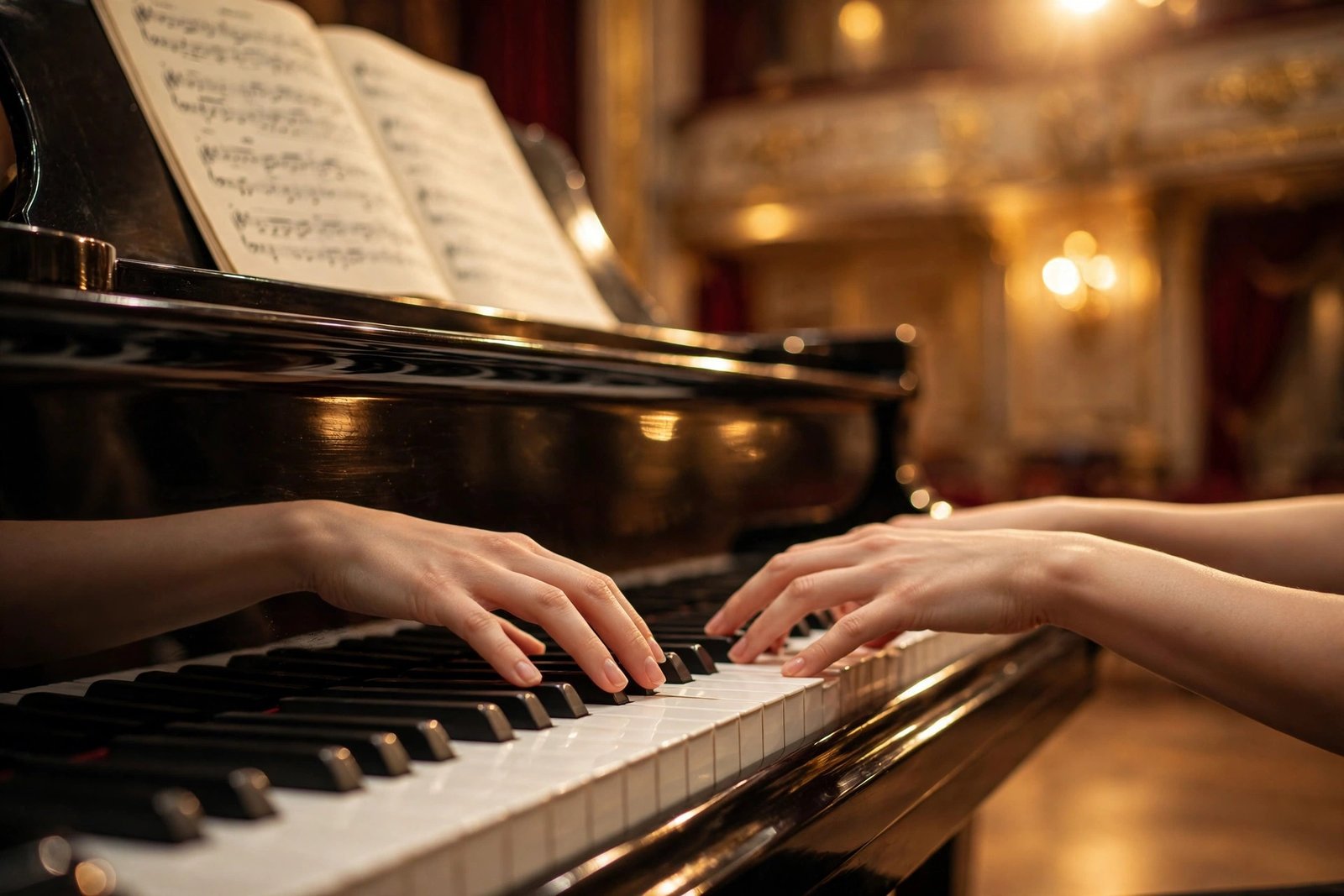 Close-up of a pianist's hands playing a grand piano keyboard in an elegant concert hall
