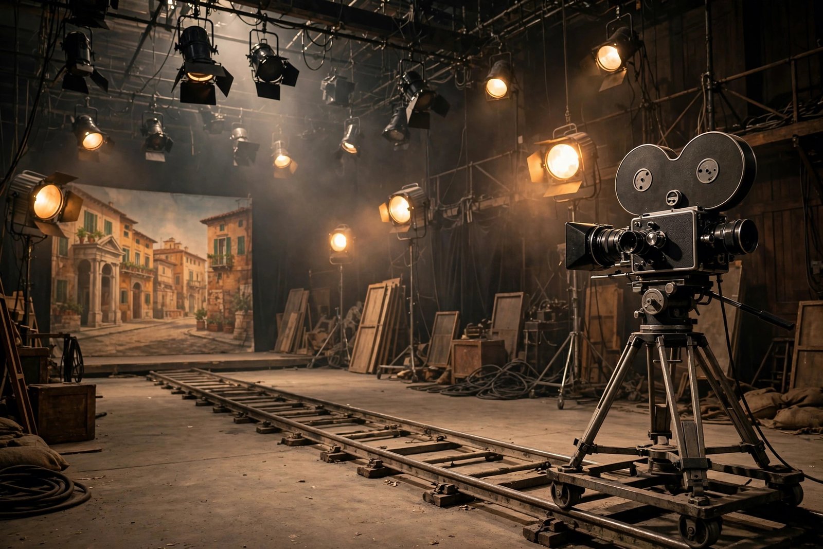 Vintage 1960s Italian film studio with a classic cinema camera, honoring the Ponti family's film heritage