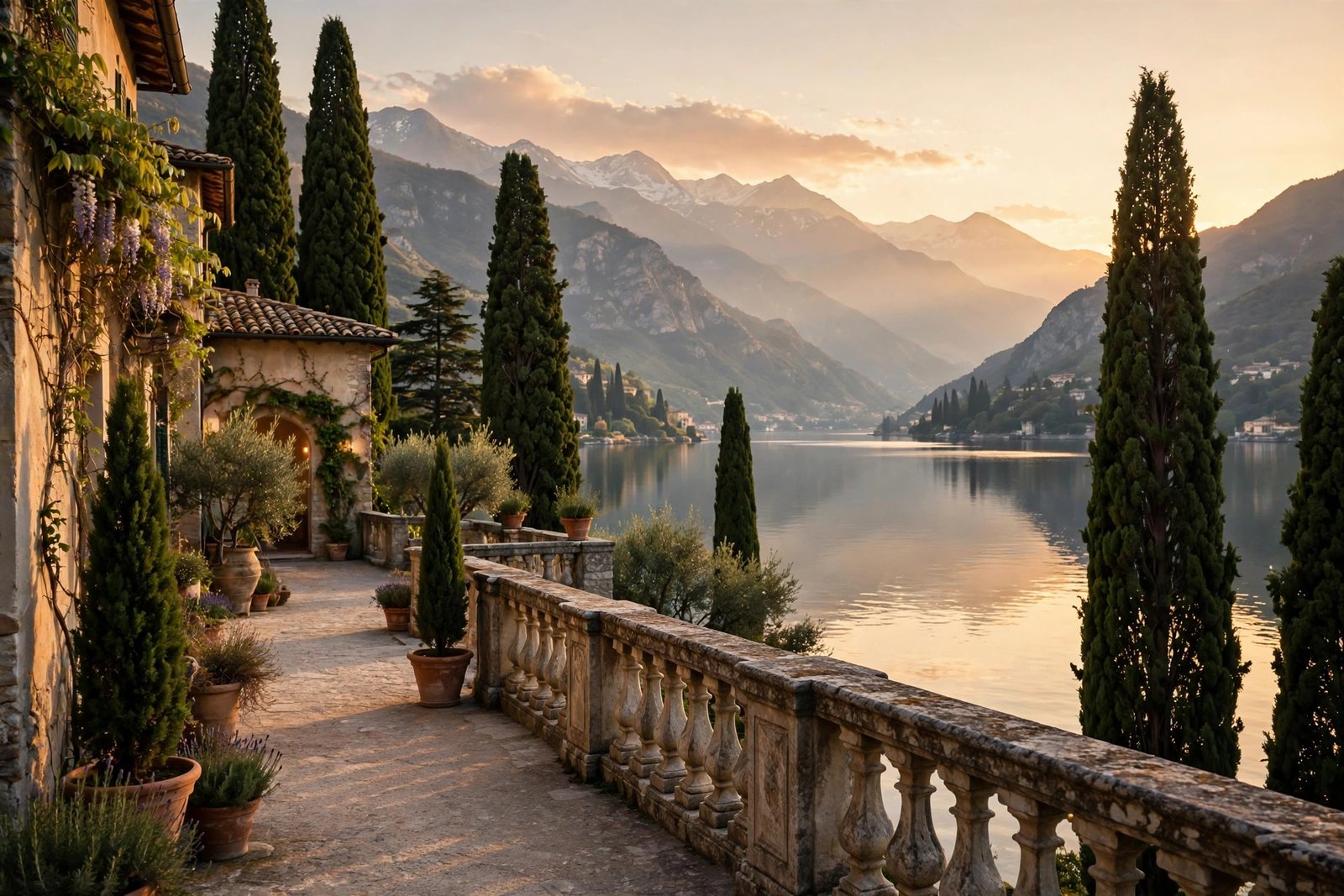Mediterranean villa terrace overlooking a calm alpine lake at golden hour, evoking the family's European roots