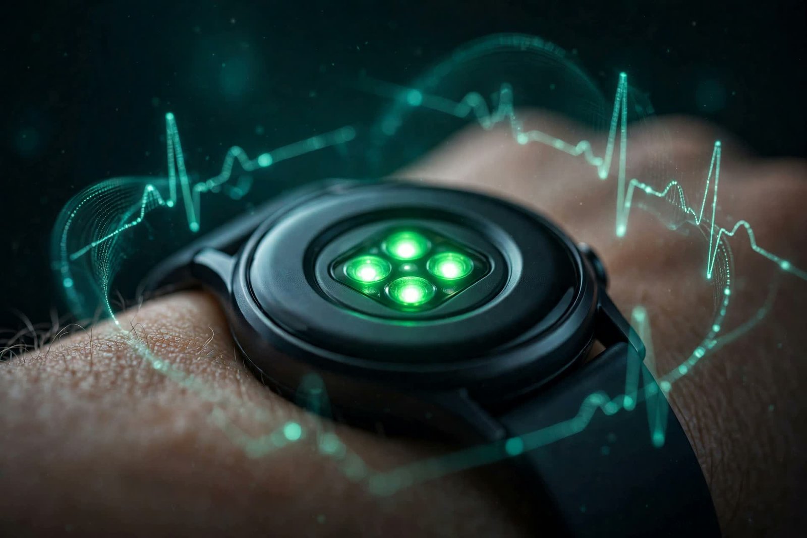 Close-up of a fitness smartwatch optical heart-rate sensor glowing green against the skin, with a floating heart-rate waveform
