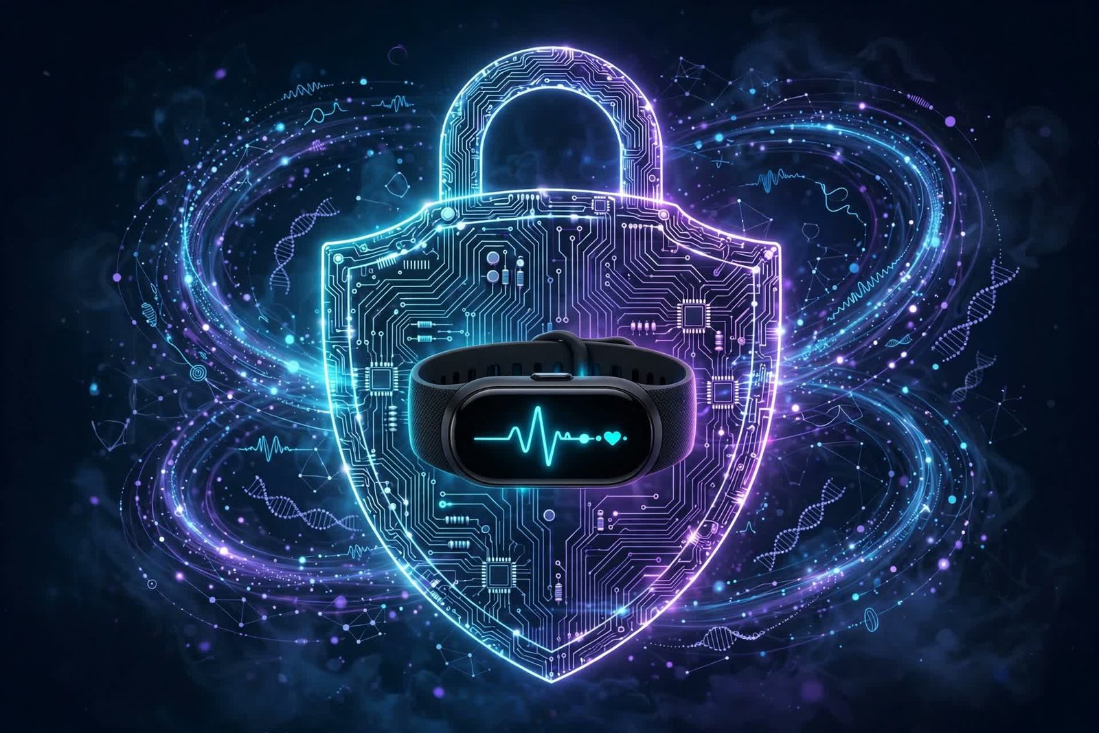 A glowing shield of circuit lines protecting a fitness tracker, with encrypted health data streams swirling around it