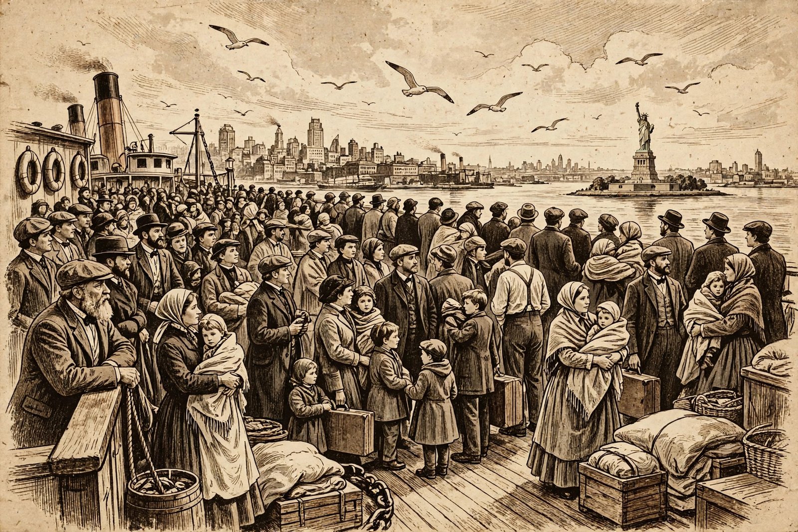 Sepia illustration of early 1900s immigrants arriving in New York, evoking the Syrian Jewish roots of Betty Seinfeld's family