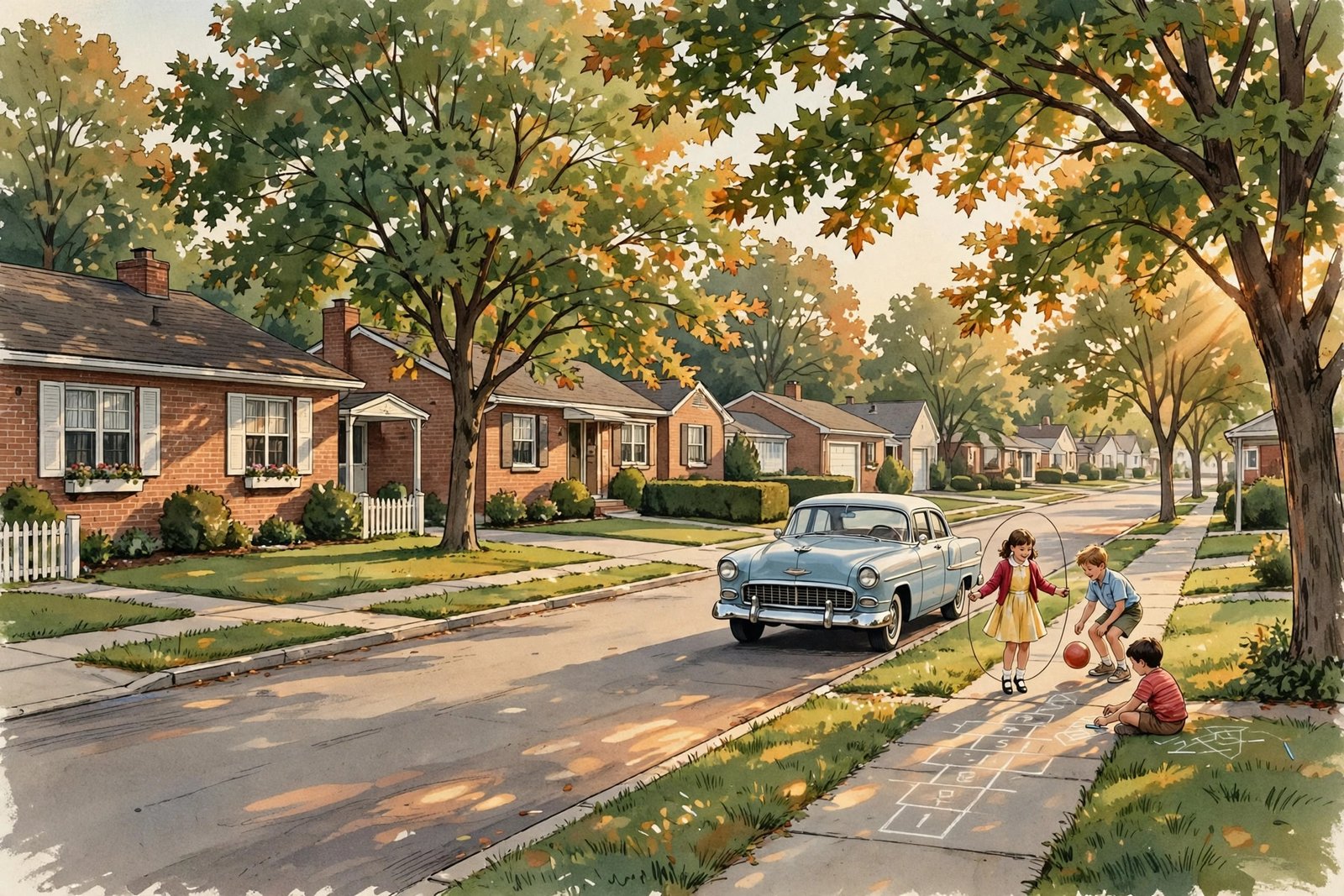 Illustration of a quiet 1950s Long Island suburban street like the Massapequa neighborhood where Betty Seinfeld raised her children