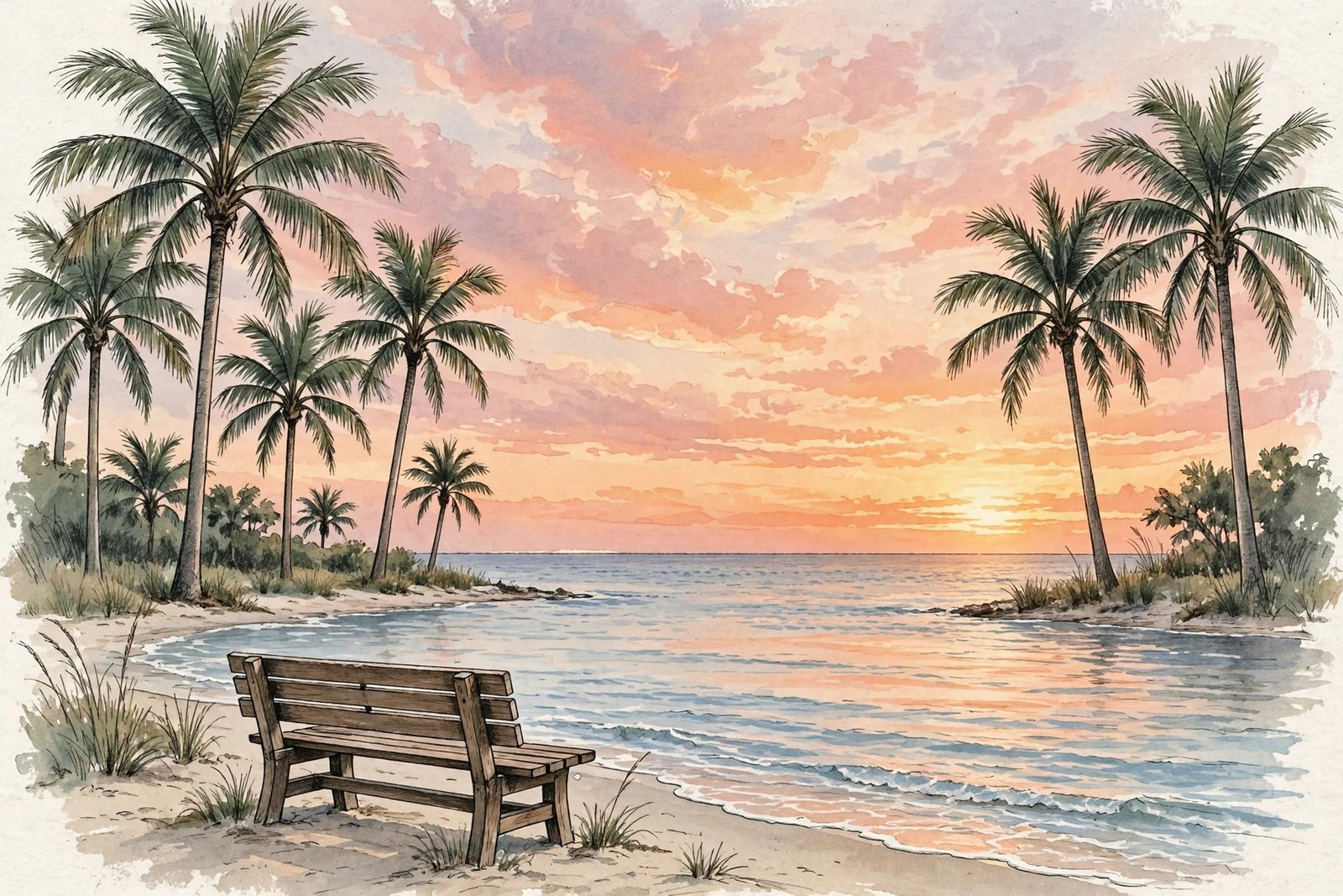 Illustration of a peaceful Florida beach at sunset, where Betty Seinfeld spent her later years