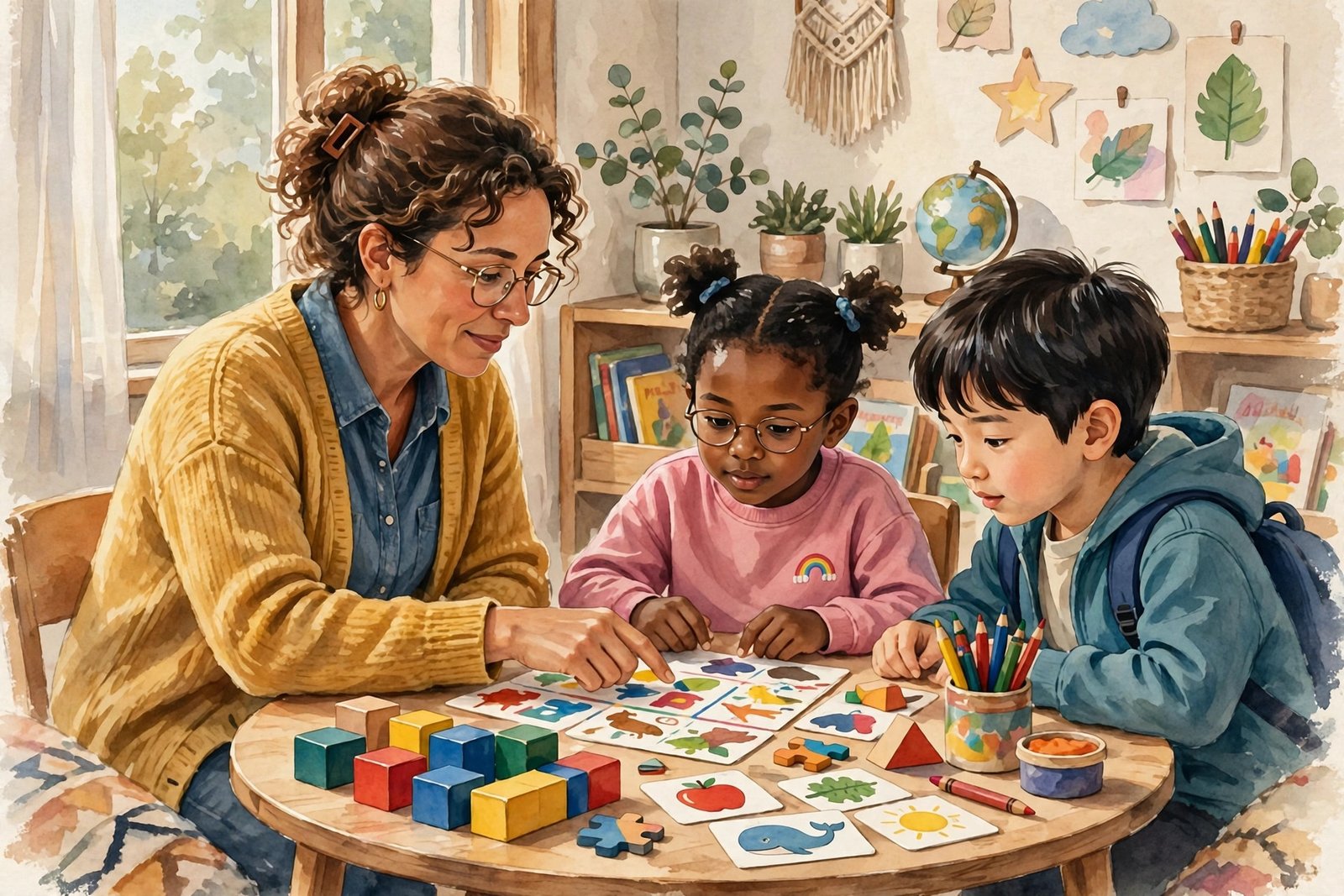 Illustration of a special education teacher guiding children with colorful learning materials in a bright, welcoming classroom