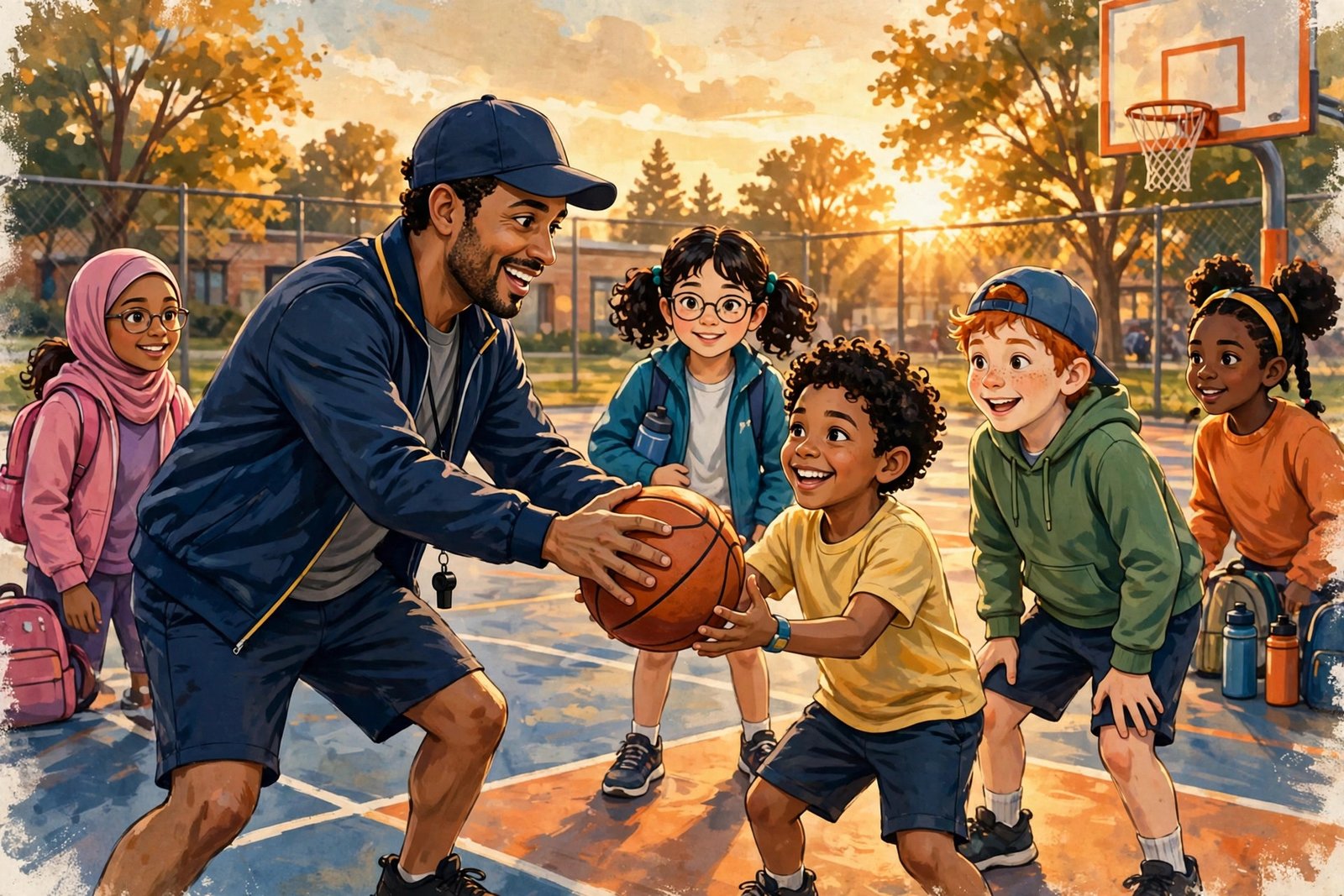 Illustration of a youth basketball coach passing a basketball to smiling children on an outdoor community court at golden hour