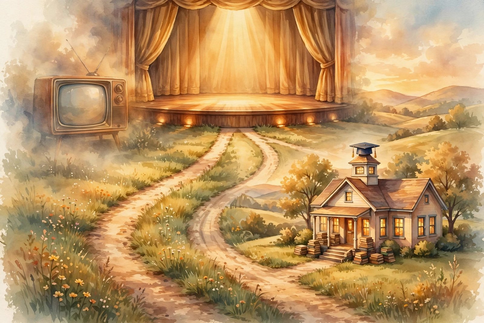 Symbolic illustration of a Hollywood spotlight stage giving way to a peaceful schoolhouse with books and a graduation cap