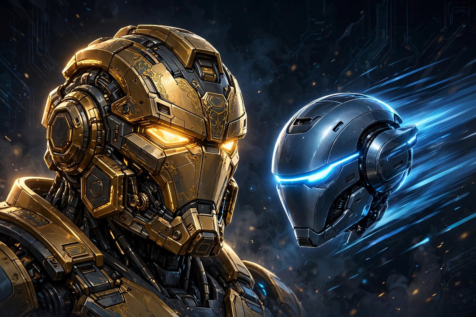 Two stylized AI robot heads side by side, a large golden flagship robot head next to a small fast electric-blue flash-style robot head