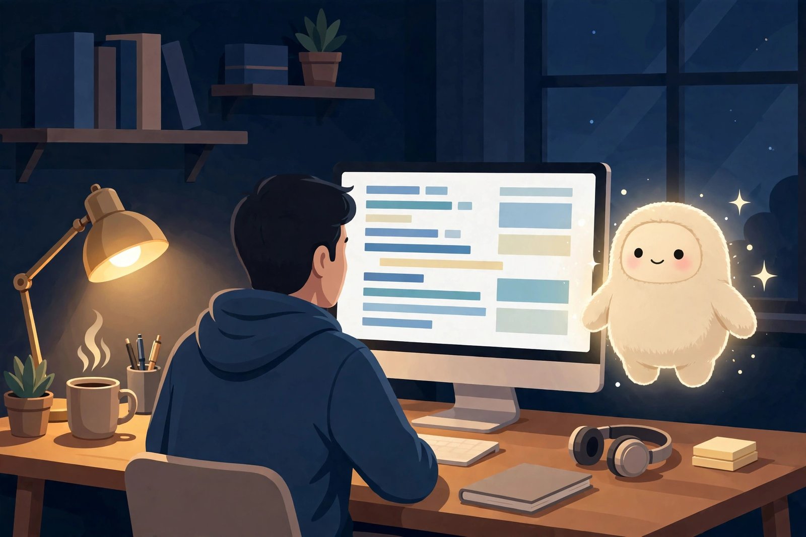 Software developer seen from behind at a desk, using an AI coding assistant on a large monitor with a glowing AI orb