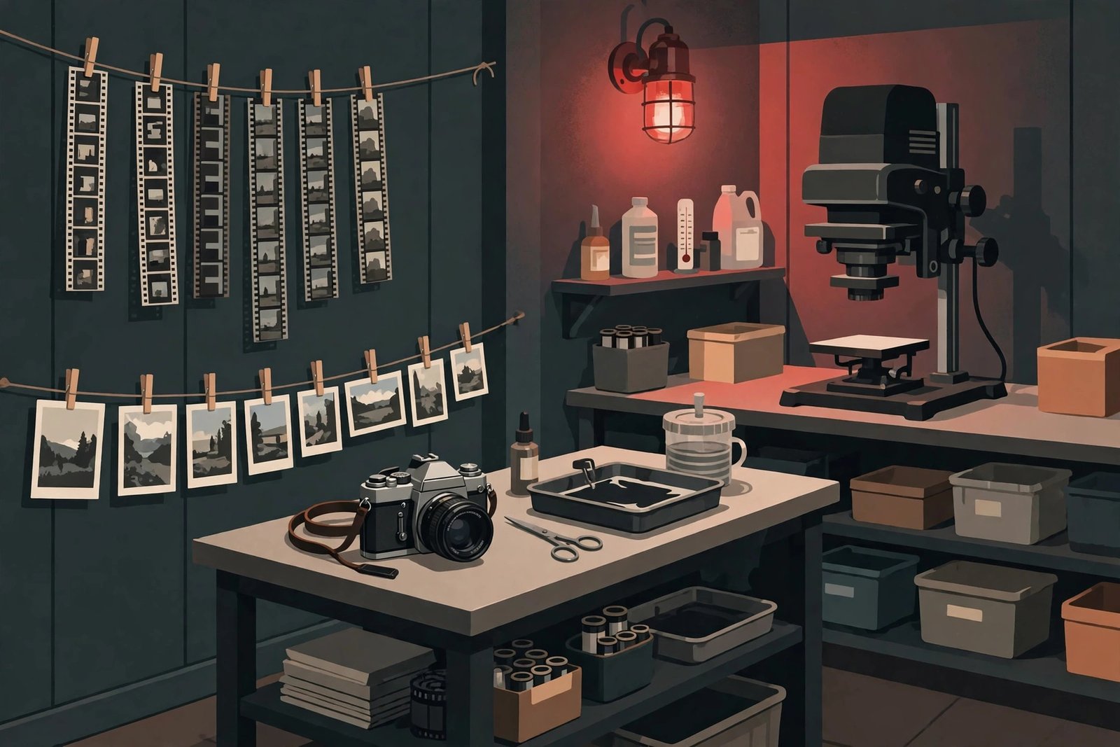 Editorial illustration of a 1990s photographer's darkroom with film strips and a vintage camera
