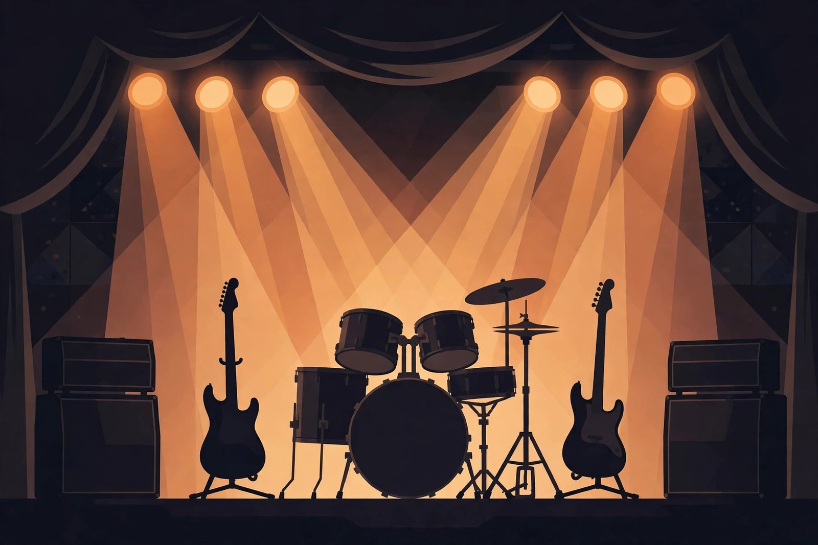 Editorial illustration of a 1990s rock stage with guitars and drums in silhouette