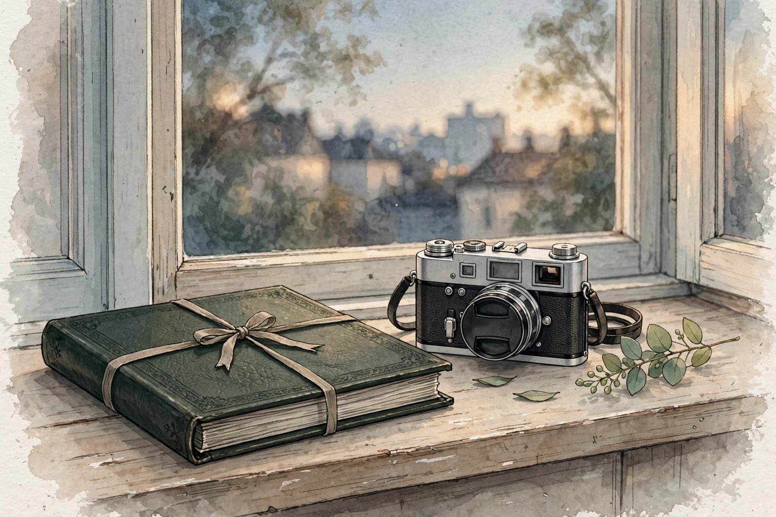 Editorial illustration of a closed photo album and a camera on a windowsill in soft evening light