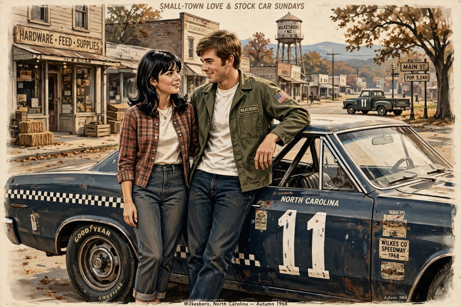 Editorial illustration of a young couple in late 1960s small town North Carolina with a vintage stock car