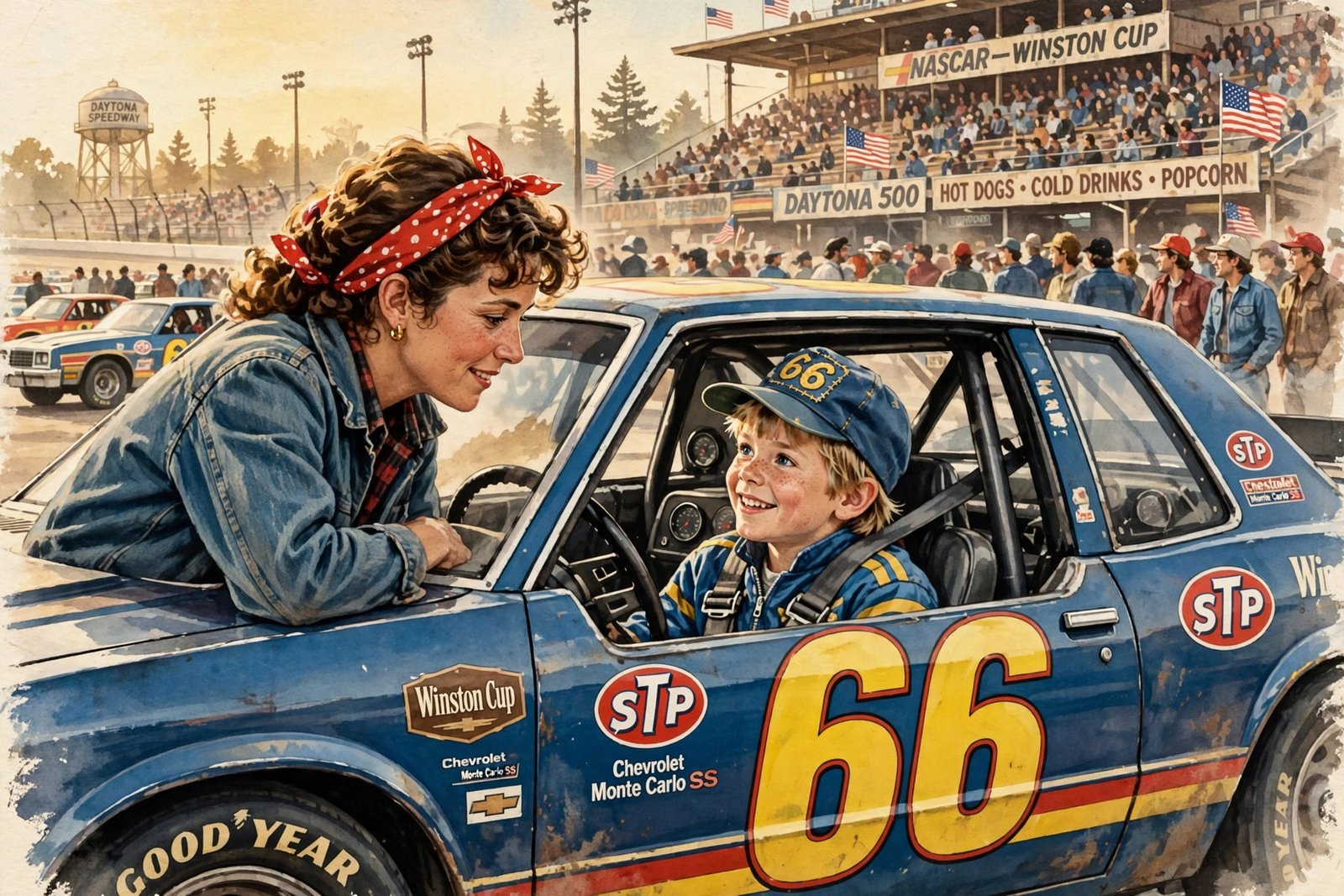 Editorial illustration of a mother watching her young son sit in a race car at a 1980s NASCAR speedway