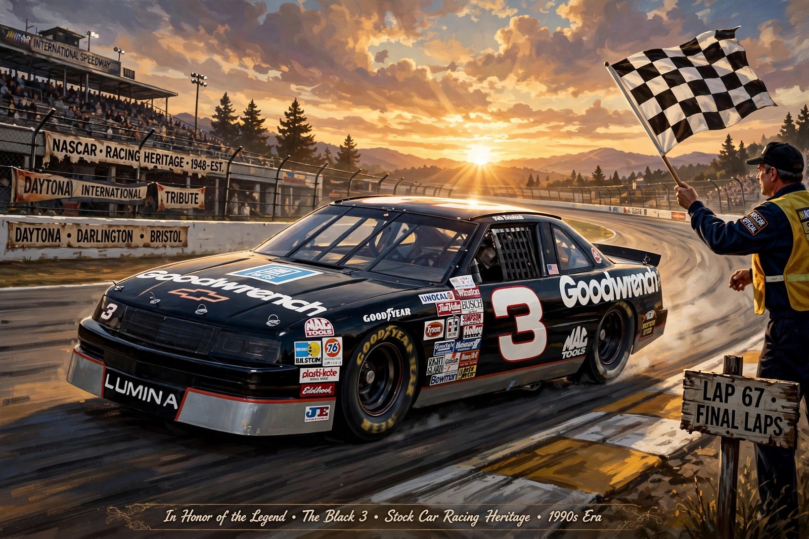 Editorial illustration of a black number 3 stock car at sunset on a racetrack with a checkered flag