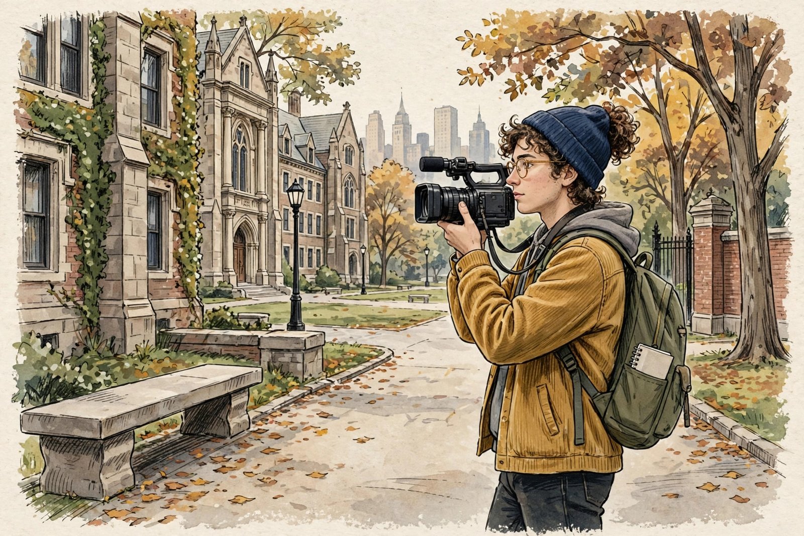 Generic illustration of a young journalism student with a video camera on a university campus in New York