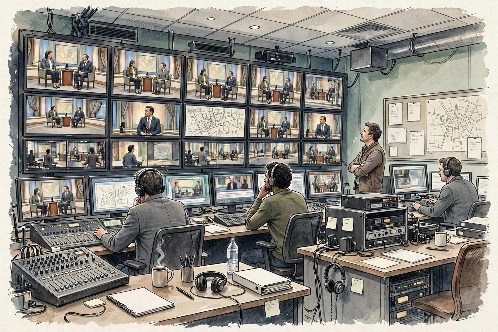 Generic illustration of a television control room with producers at monitors during a political talk show