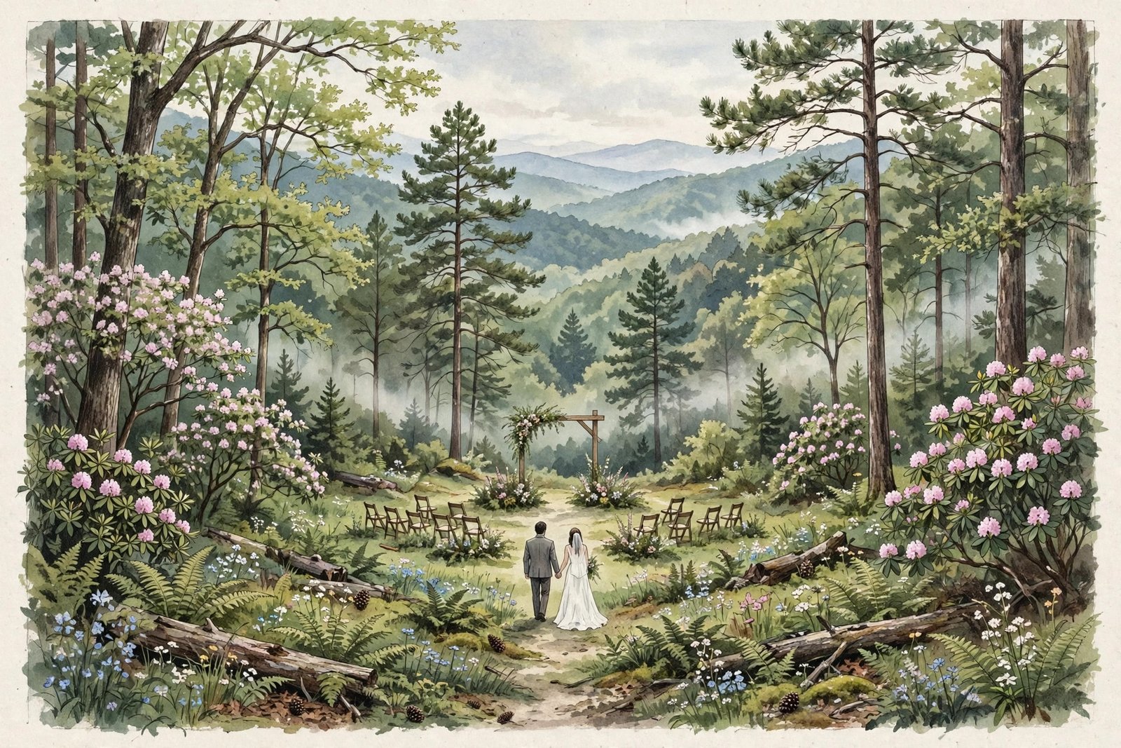 Generic illustration of a couple holding hands at a quiet outdoor wedding in a wooded setting