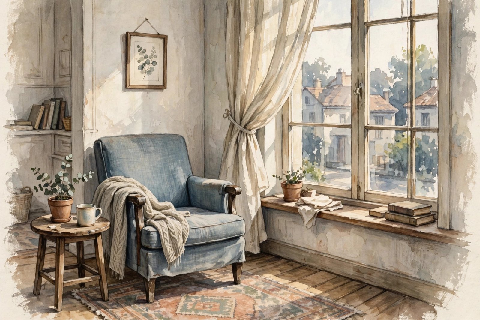 Editorial illustration of an empty armchair by a sunlit window, evoking the modest family home where Rosario Dawson was raised