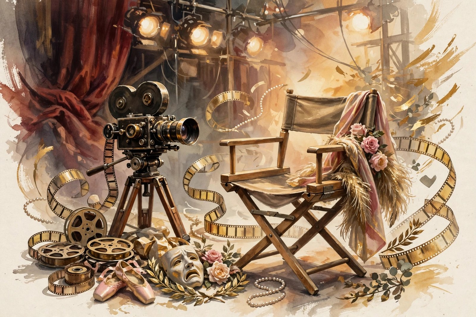 Editorial illustration of a film set with a director's chair and vintage camera, honoring the acting career of Rosario Dawson