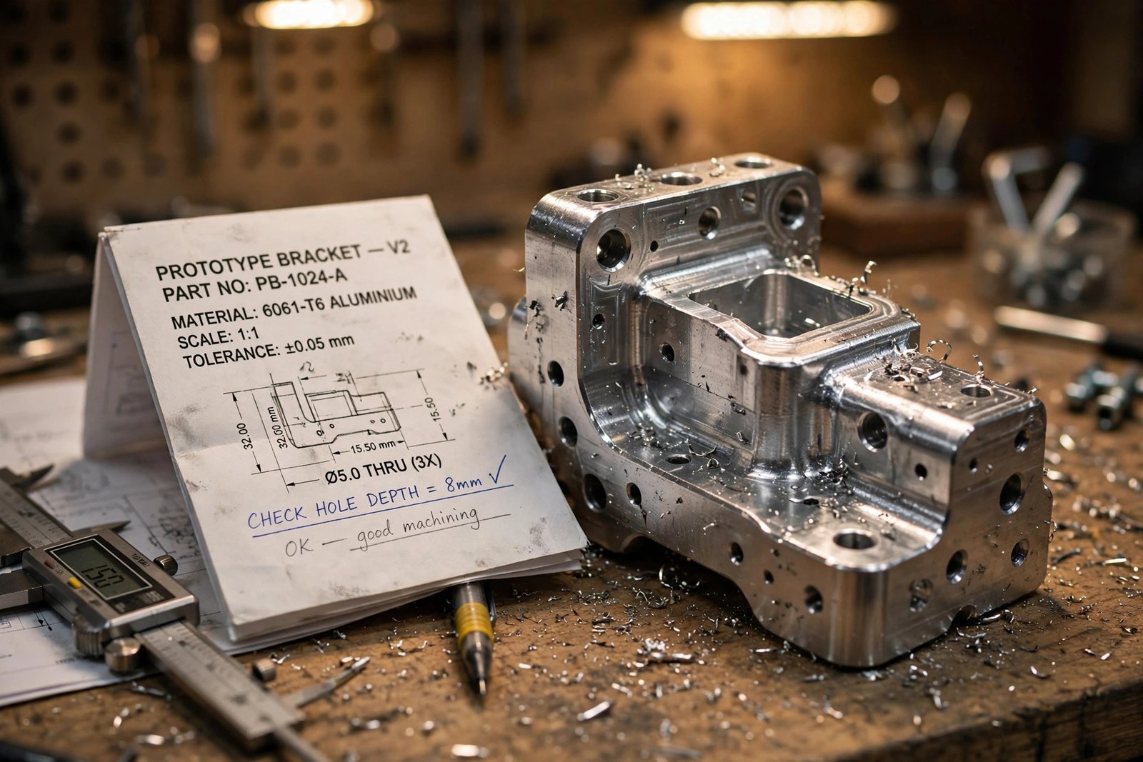 Freshly machined aluminium prototype part on a workbench beside engineering drawings