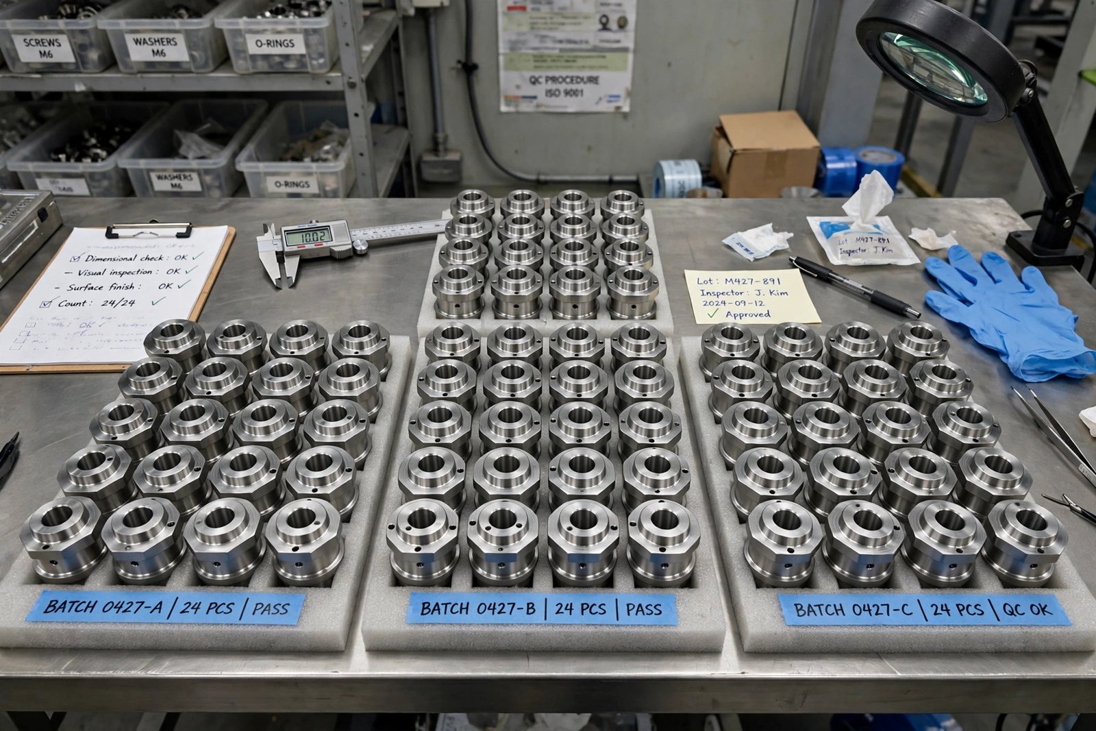 Rows of identical machined metal components arranged in neat production batches for inspection
